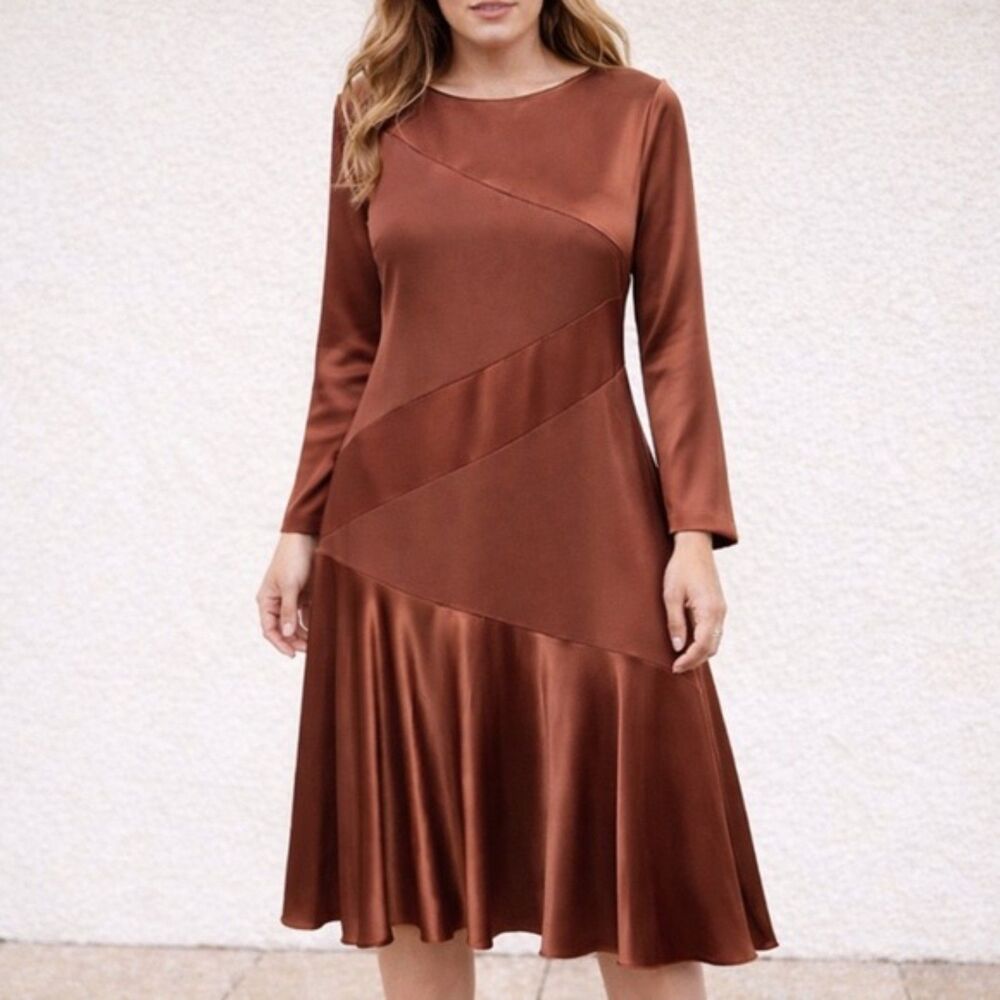 NWT Morton Myles The Warrens Vintage 1980s Bronze Satin Drop Waist Dress Size 8
